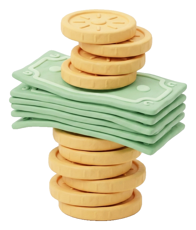 Clay 3D render, pastel of a stack of gold coins and green banknotes, transparent background PNG