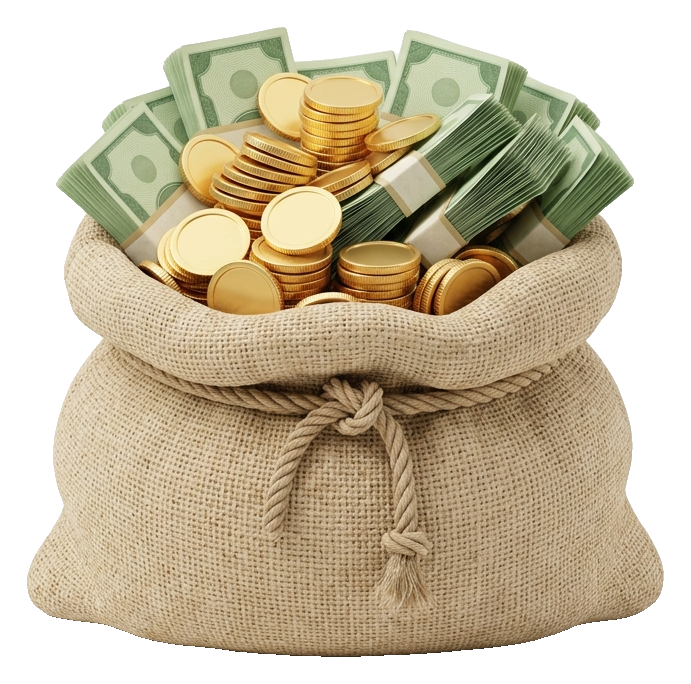Soft 3D render, money bag of a stack of gold coins and green banknotes, transparent background PNG