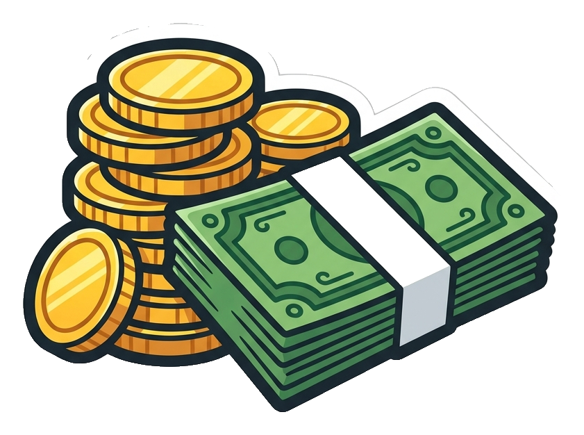 Cute sticker style with a thick dark outline of a stack of gold coins and green banknotes, transparent background PNG