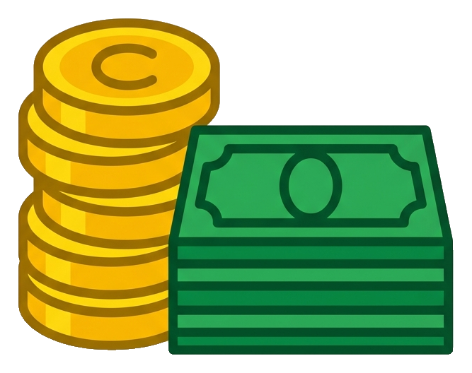 Flat vector icon, bold solid colors of a stack of gold coins and green banknotes, transparent background PNG
