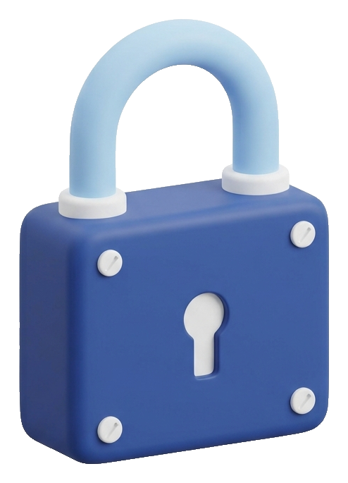 Matte 3D render, blue and white color scheme of a padlock security icon, transparent background PNG