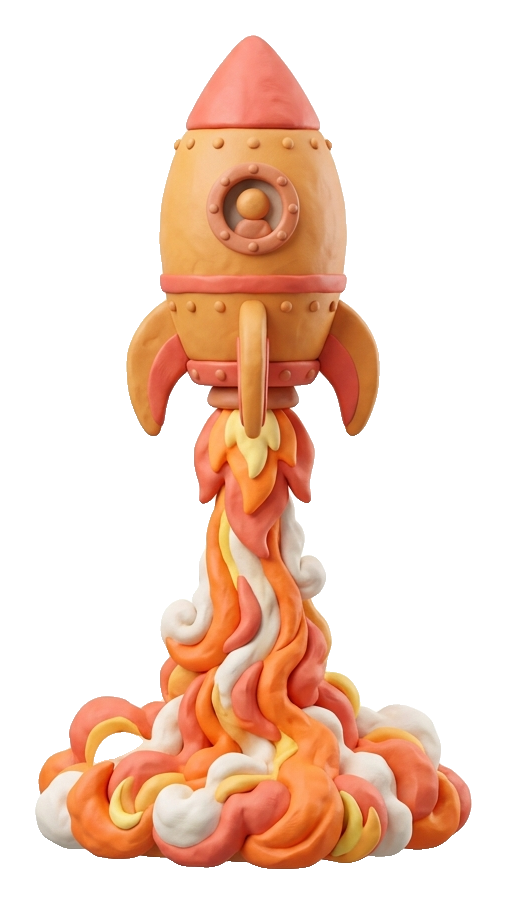 Clay 3D render, warm orange and coral tones of a cartoon rocket launching, transparent background PNG