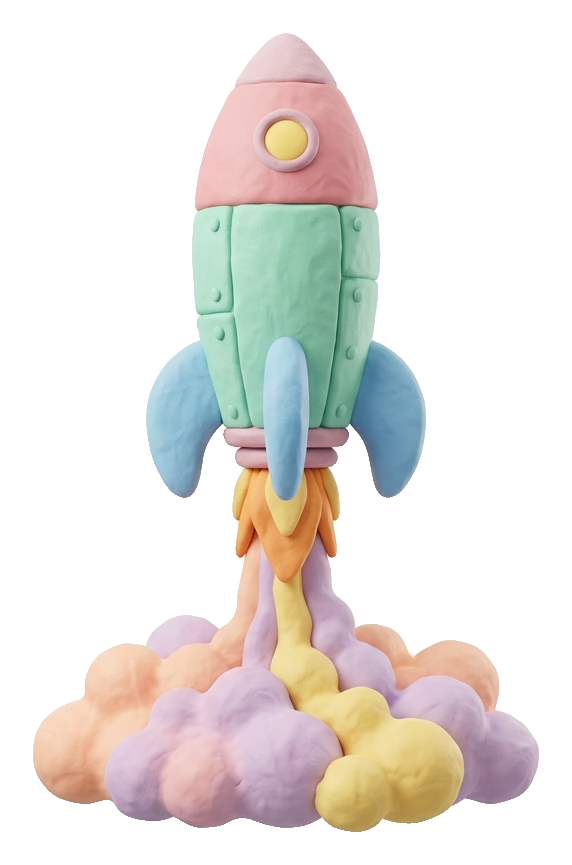 Clay 3D render, pastel of a cartoon rocket launching, transparent background PNG
