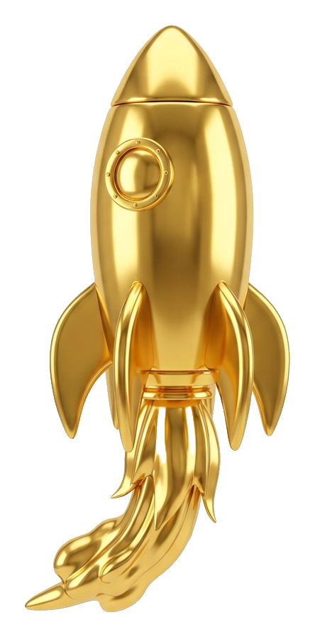 Shiny 3D render, gold metallic finish of a cartoon rocket launching, transparent background PNG