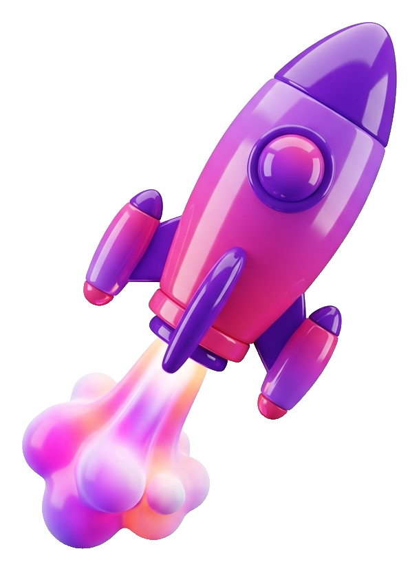 Glossy 3D render, purple and pink gradient of a cartoon rocket launching, transparent background PNG