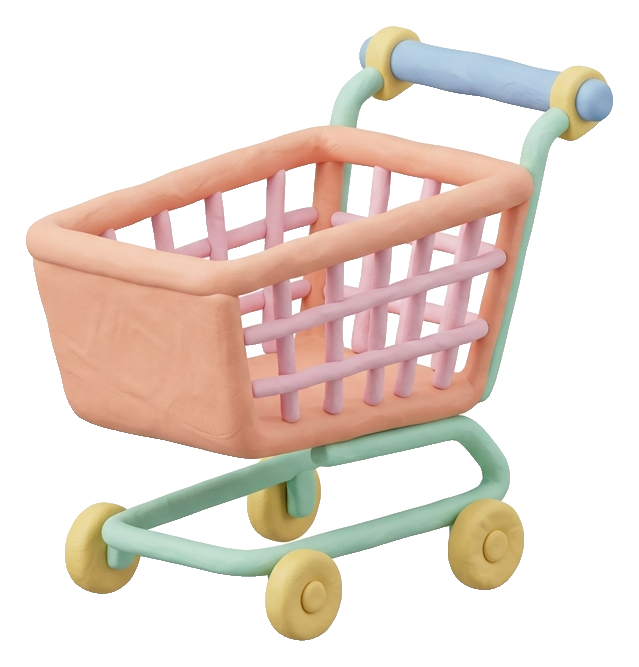 Clay 3D render, pastel colors of a shopping cart icon, transparent background PNG