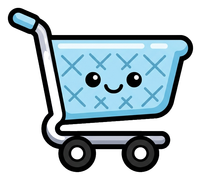 Cute sticker style with a thick dark outline of a shopping cart icon, transparent background PNG