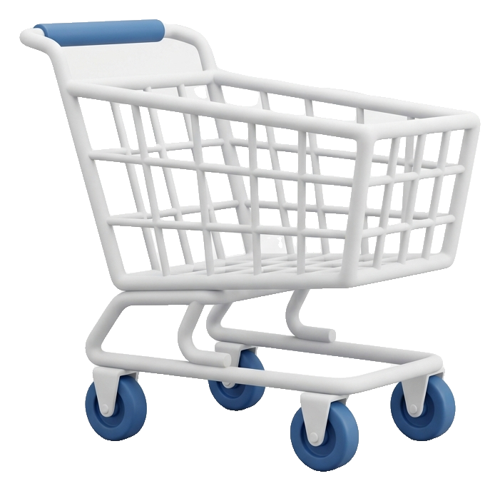 Matte 3D render, blue and white color scheme of a shopping cart icon, transparent background PNG