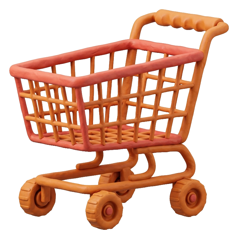 Clay 3D render, warm orange and coral tones of a shopping cart icon, transparent background PNG