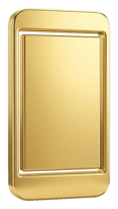 Shiny 3D render, gold metallic finish of a smartphone icon with a blank screen, transparent background PNG
