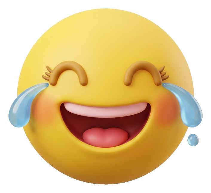 Soft 3D render, laughing with tears of joy of a round yellow smiley face in a cute original emoji style, transparent background PNG