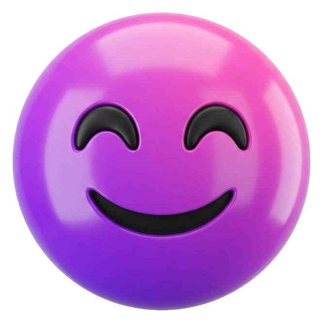 Glossy 3D render, purple and pink gradient of a round yellow smiley face in a cute original emoji style, transparent background PNG