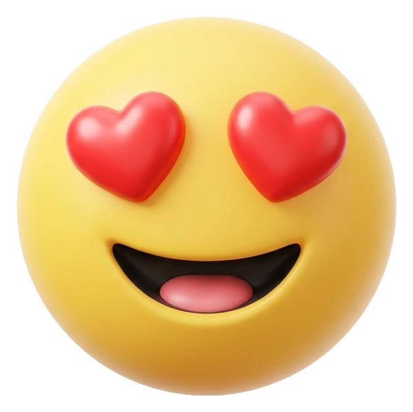 Soft 3D render, heart eyes of a round yellow smiley face in a cute original emoji style, transparent background PNG