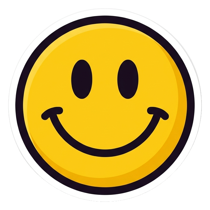 Cute sticker style with a thick dark outline of a round yellow smiley face in a cute original emoji style, transparent background PNG