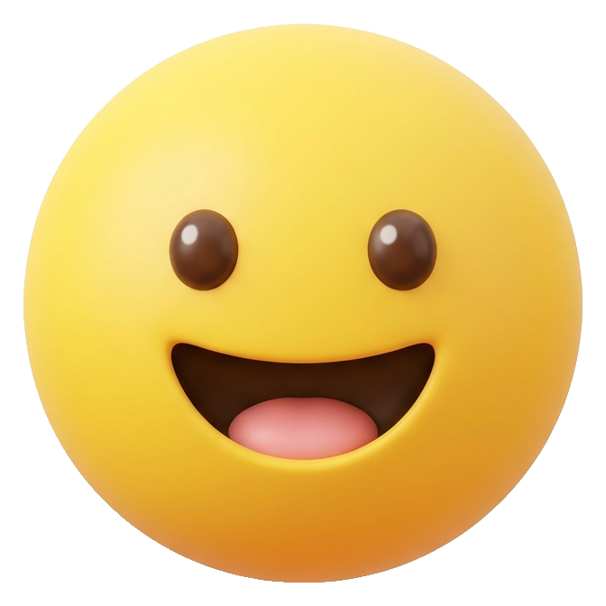 노란 동그란 웃는 얼굴, 귀여운 이모지 스타일, 부드러운 3D 렌더링, 활짝 웃는 표정, 투명 배경(누끼) PNG