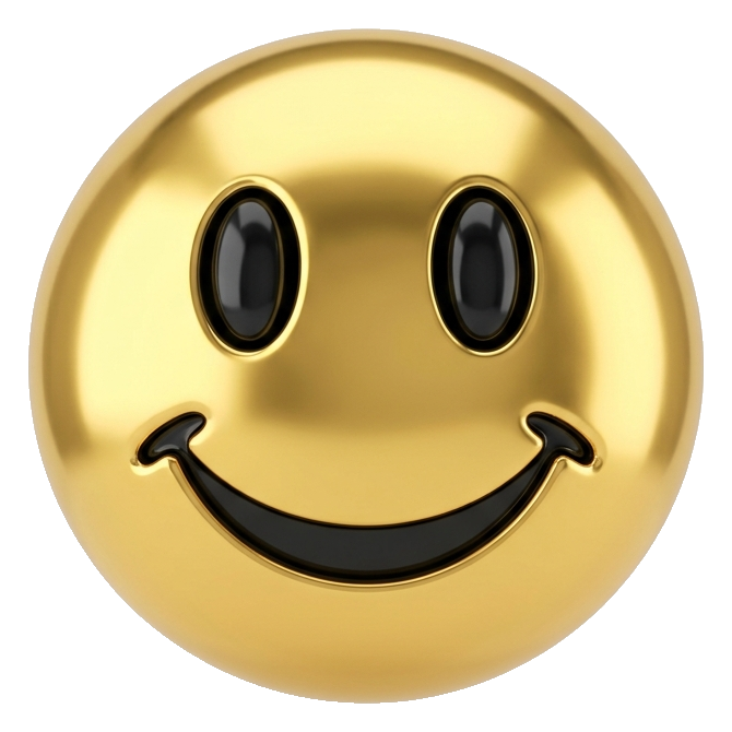 Shiny 3D render, gold metallic finish of a round yellow smiley face in a cute original emoji style, transparent background PNG