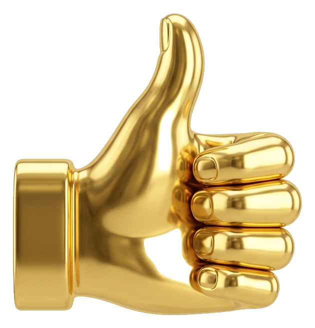 Shiny 3D render, gold metallic finish of a thumbs up hand icon, transparent background PNG