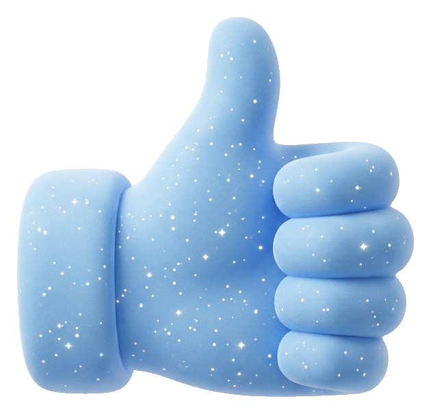 Soft 3D render, with small sparkles of a thumbs up hand icon, transparent background PNG