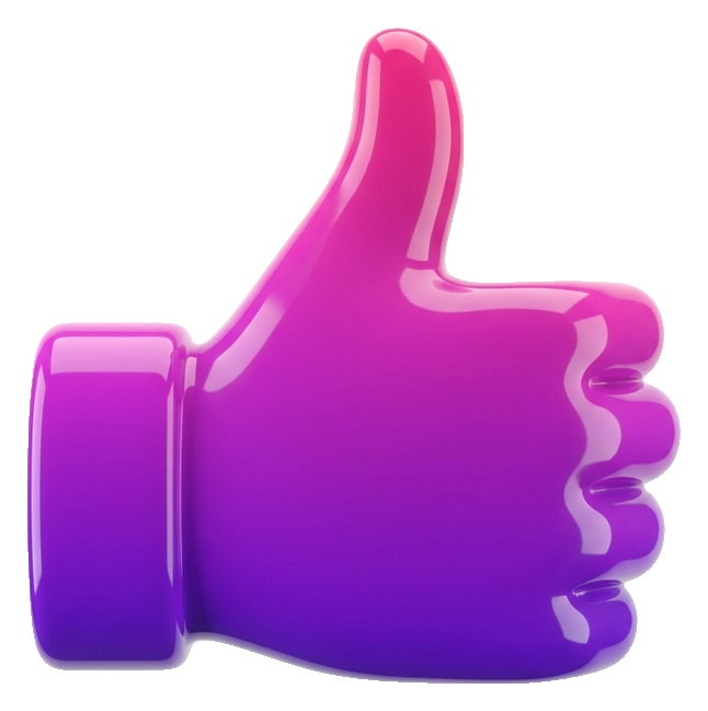 Glossy 3D render, purple and pink gradient of a thumbs up hand icon, transparent background PNG