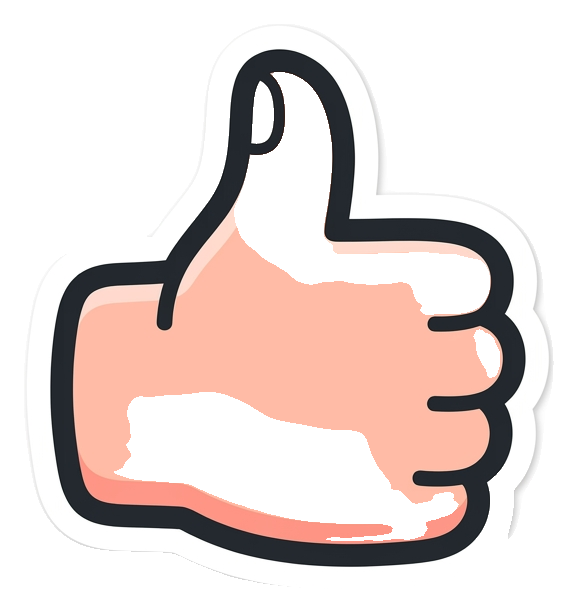 Cute sticker style with a thick dark outline of a thumbs up hand icon, transparent background PNG