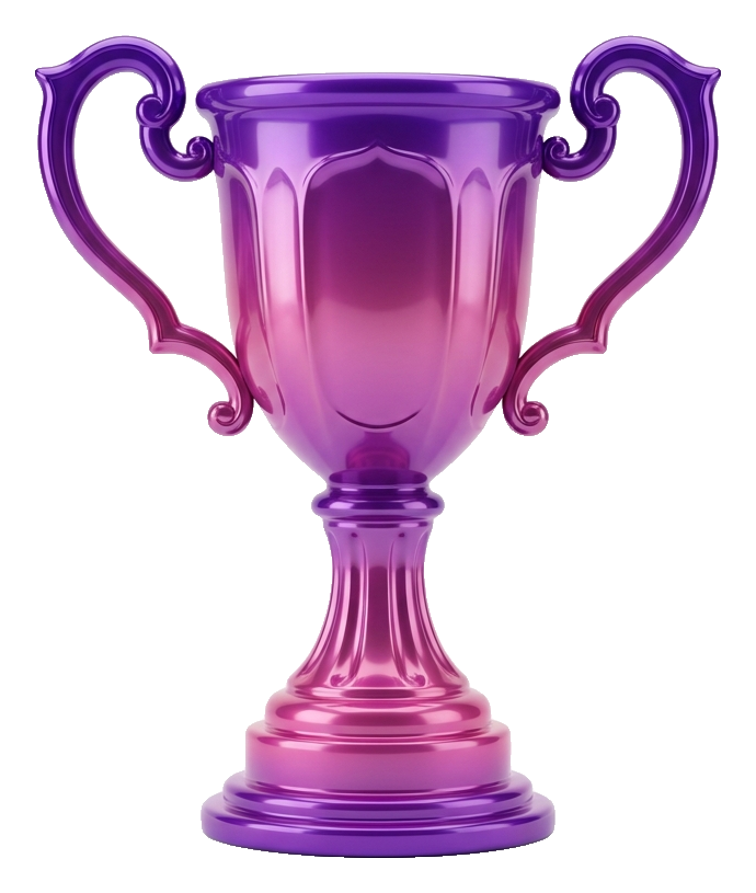 Glossy 3D render, purple and pink gradient of a golden winner trophy cup, transparent background PNG