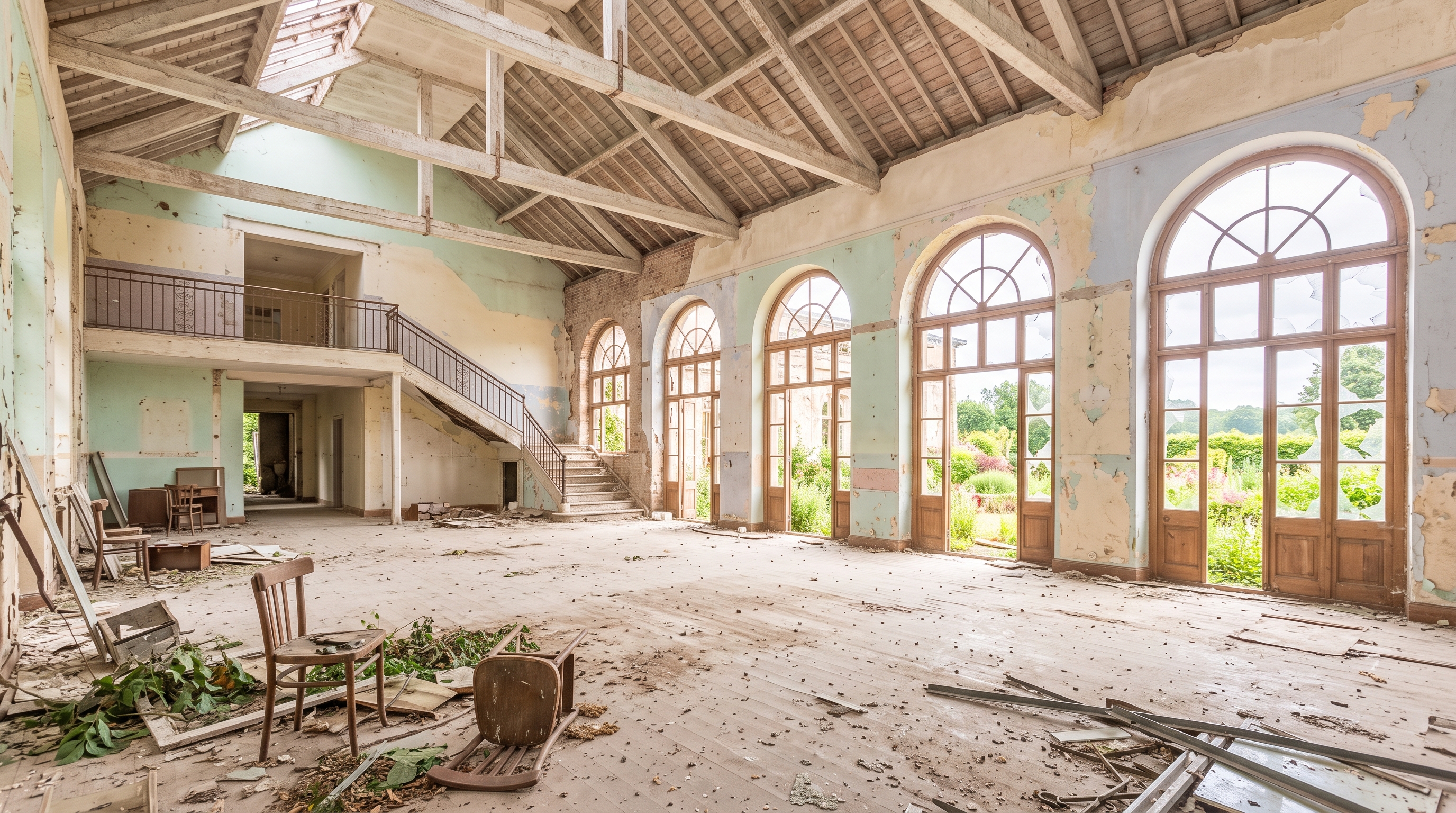 Photorealistic photo of abandoned building interior with broken windows, wide shot with open space at the top for text, soft pastel colors, bright and cozy, 16:9 aspect ratio