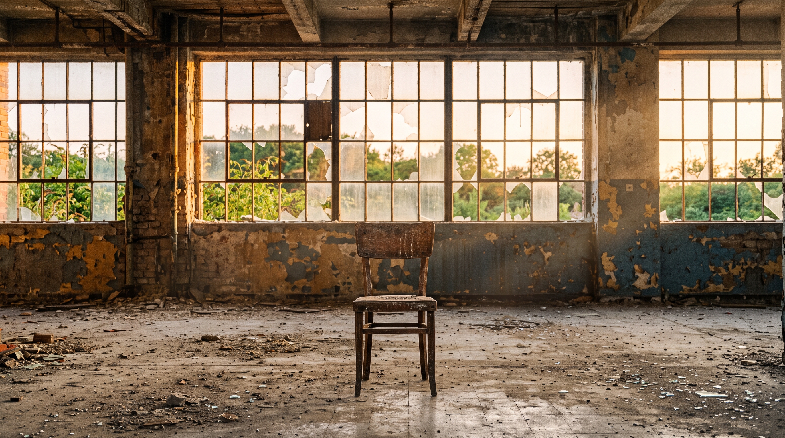 Photorealistic photo of abandoned building interior with broken windows, centered subject with a simple uncluttered composition, warm golden light, calm mood, 16:9 aspect ratio