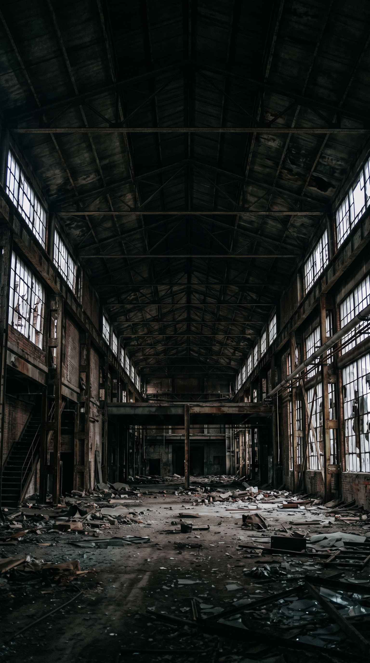 Cinematic film still of abandoned building interior with broken windows, wide shot with open space at the top for text, moody dark tones, dramatic lighting, 9:16 aspect ratio