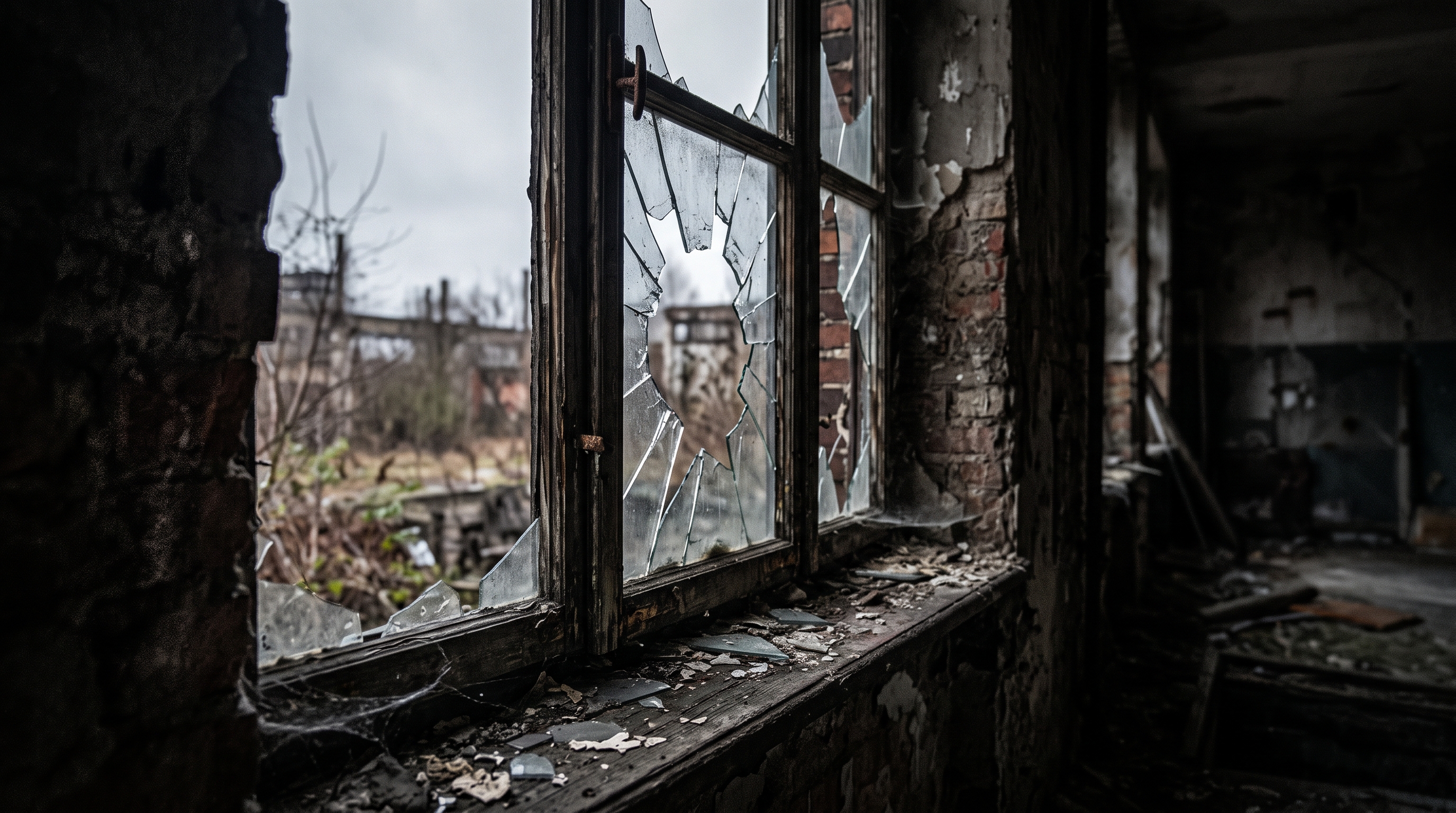 Soft 3d render of abandoned building interior with broken windows, close-up detail with shallow depth of field, moody dark tones, dramatic lighting, 16:9 aspect ratio