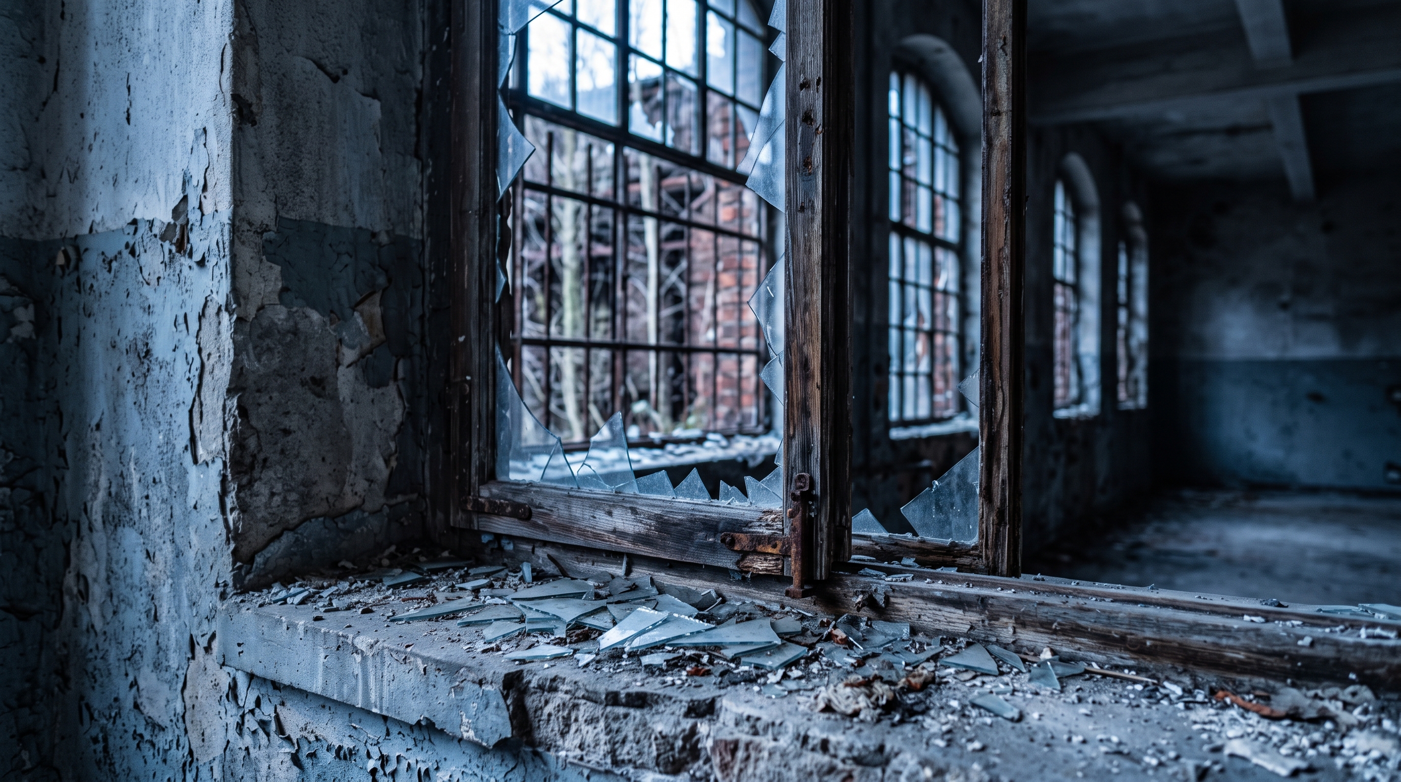 Photorealistic photo of abandoned building interior with broken windows, close-up detail with shallow depth of field, cool blue tones, quiet atmosphere, 16:9 aspect ratio