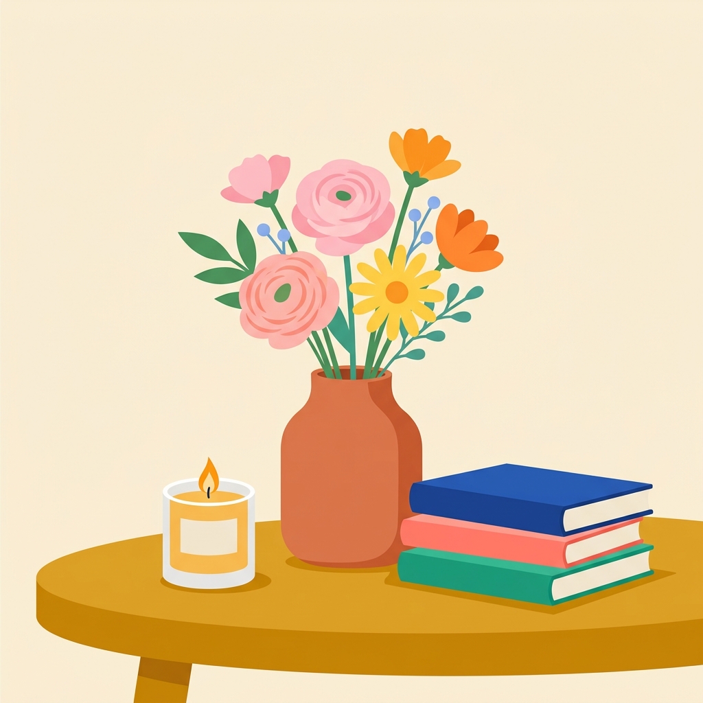 꽃과 책, 촛불이 있는 감성 정물, 미니멀 플랫 일러스트, 단순하고 깔끔한 구도 가운데 놓인 피사체, 선명한 색감, 강한 대비, 생동감 있는 분위기, 1:1 비율
