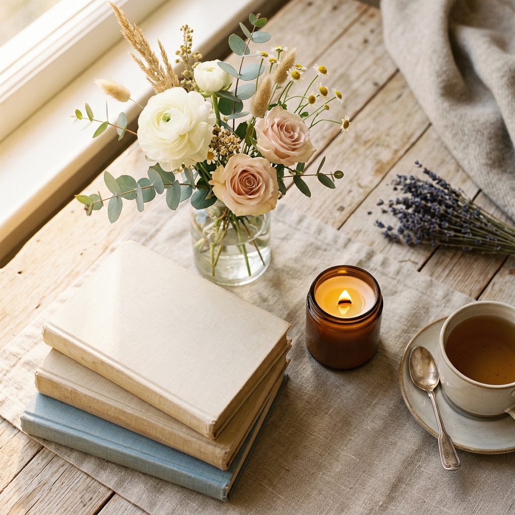 Photorealistic photo of soft aesthetic still life with flowers, books and a candle, high-angle view from above, warm golden light, calm mood, 1:1 aspect ratio