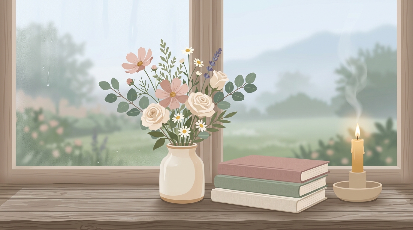 꽃과 책, 촛불이 있는 감성 정물, 미니멀 플랫 일러스트, 가까이 담은 디테일, 얕은 심도, 아침 안개, 몽환적인 분위기, 16:9 비율