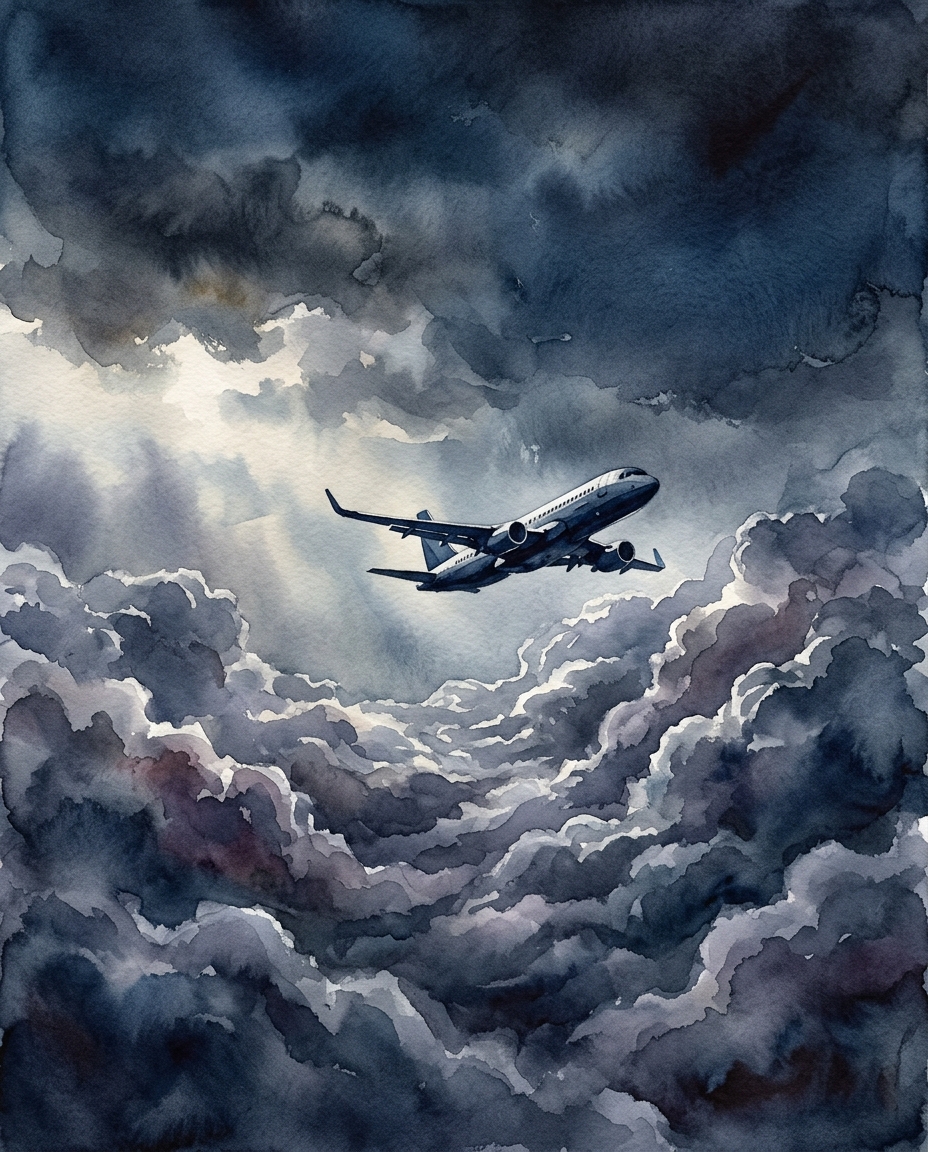 Watercolor illustration of an airplane flying above the clouds, wide shot with open space at the top for text, moody dark tones, dramatic lighting, 4:5 aspect ratio