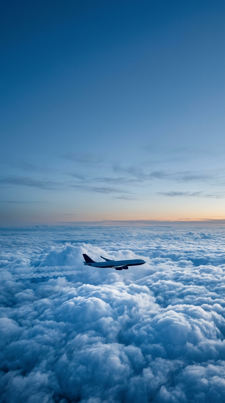 Cinematic film still of an airplane flying above the clouds, wide shot with open space at the top for text, cool blue tones, quiet atmosphere, 9:16 aspect ratio