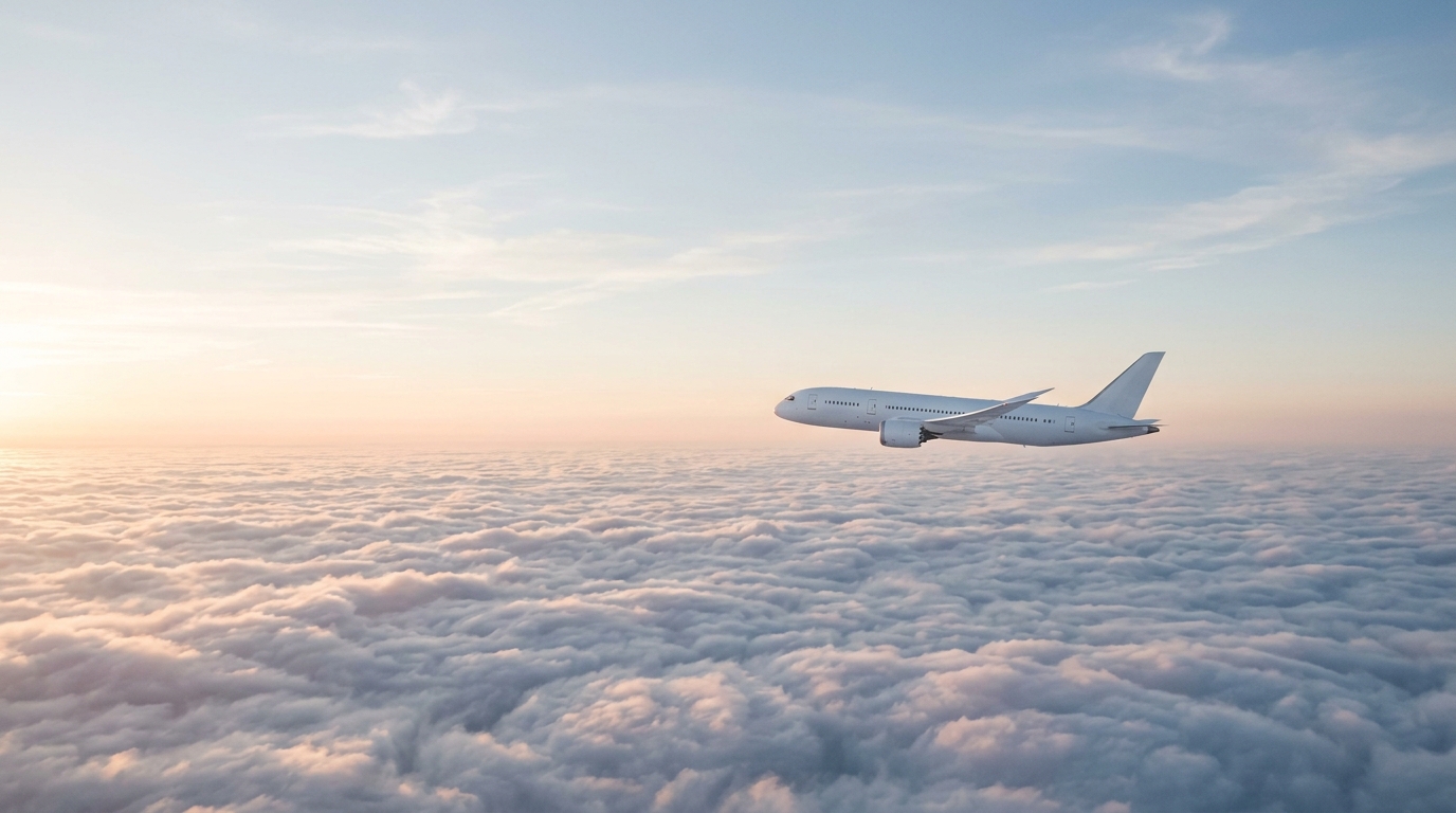 Photorealistic photo of an airplane flying above the clouds, wide shot with open space at the top for text, misty morning haze, dreamy, 16:9 aspect ratio