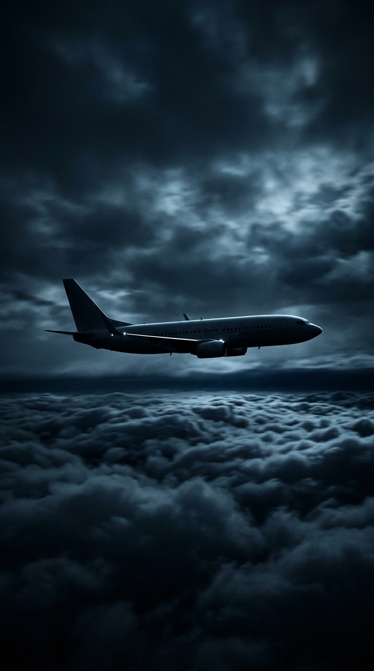 Cinematic film still of an airplane flying above the clouds, centered subject with a simple uncluttered composition, moody dark tones, dramatic lighting, 9:16 aspect ratio