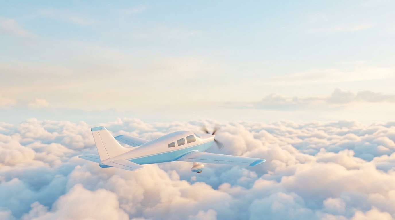 Soft 3d render of an airplane flying above the clouds, wide shot with open space at the top for text, soft pastel colors, bright and cozy, 16:9 aspect ratio