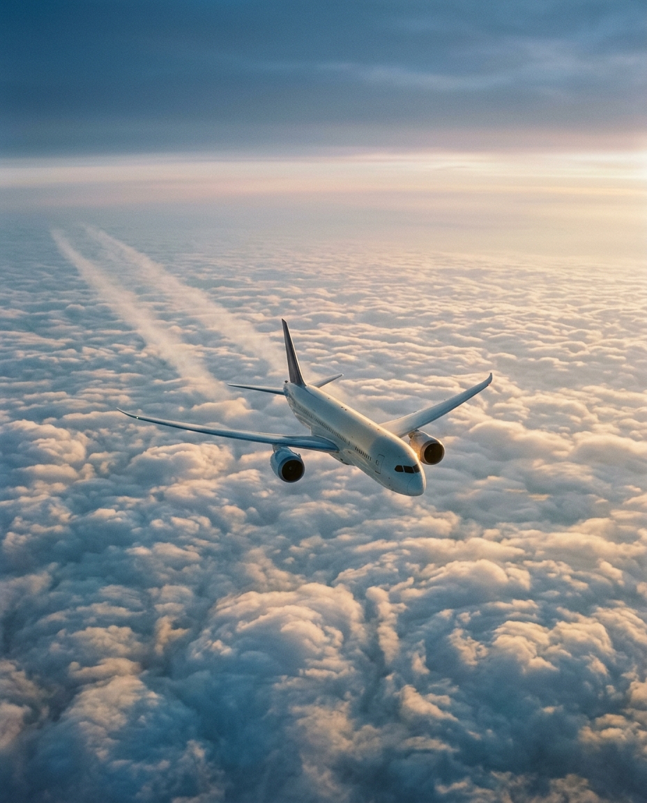 Cinematic film still of an airplane flying above the clouds, high-angle view from above, misty morning haze, dreamy, 4:5 aspect ratio