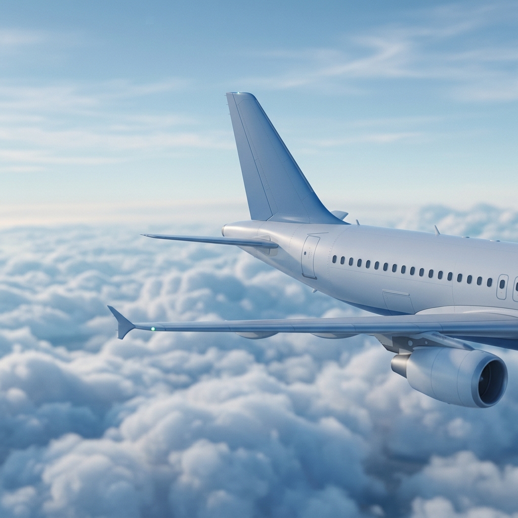 Soft 3d render of an airplane flying above the clouds, close-up detail with shallow depth of field, cool blue tones, quiet atmosphere, 1:1 aspect ratio