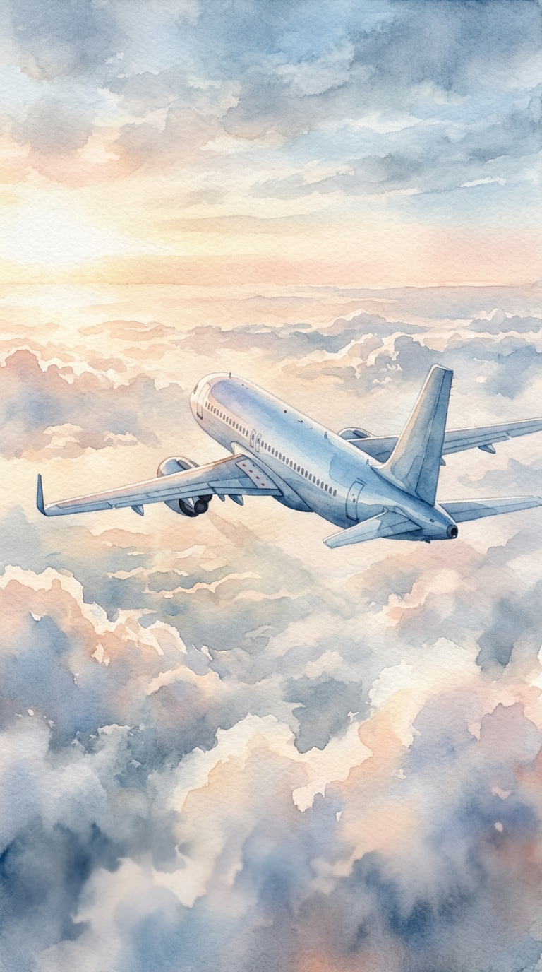 Watercolor illustration of an airplane flying above the clouds, close-up detail with shallow depth of field, misty morning haze, dreamy, 9:16 aspect ratio