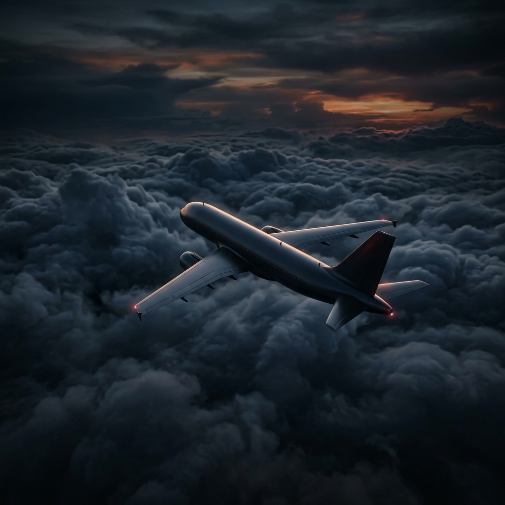 Soft 3d render of an airplane flying above the clouds, high-angle view from above, moody dark tones, dramatic lighting, 1:1 aspect ratio