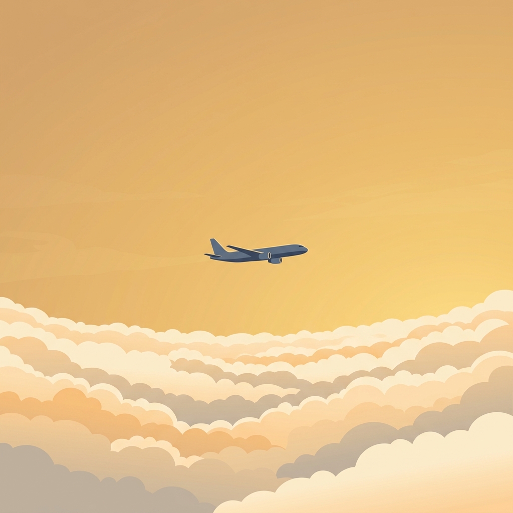 Minimal flat illustration of an airplane flying above the clouds, wide shot with open space at the top for text, warm golden light, calm mood, 1:1 aspect ratio