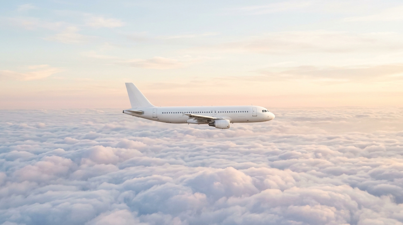 Photorealistic photo of an airplane flying above the clouds, centered subject with a simple uncluttered composition, soft pastel colors, bright and cozy, 16:9 aspect ratio