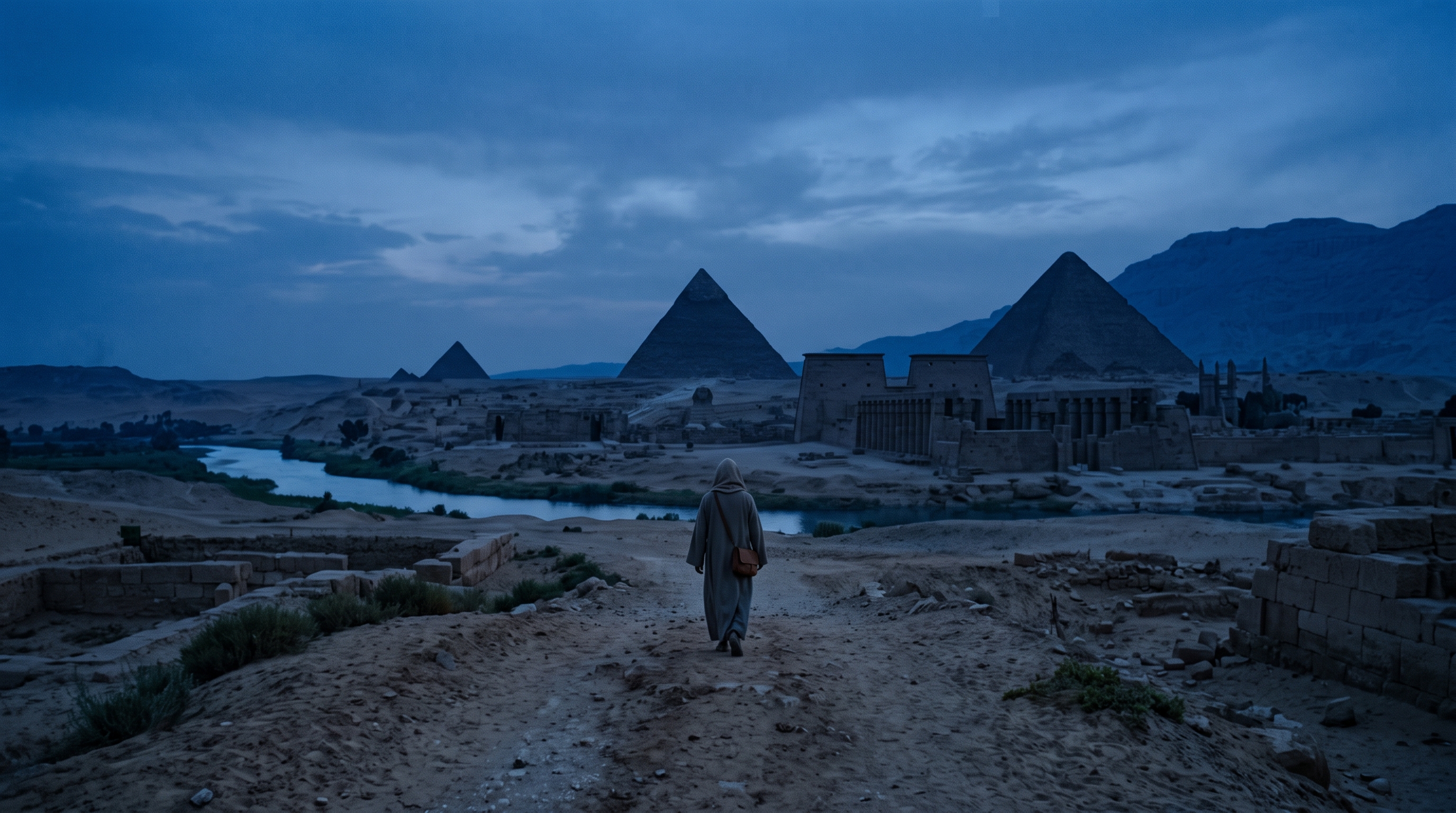 Cinematic film still of ancient city with temples and pyramids, centered subject with a simple uncluttered composition, cool blue tones, quiet atmosphere, 16:9 aspect ratio