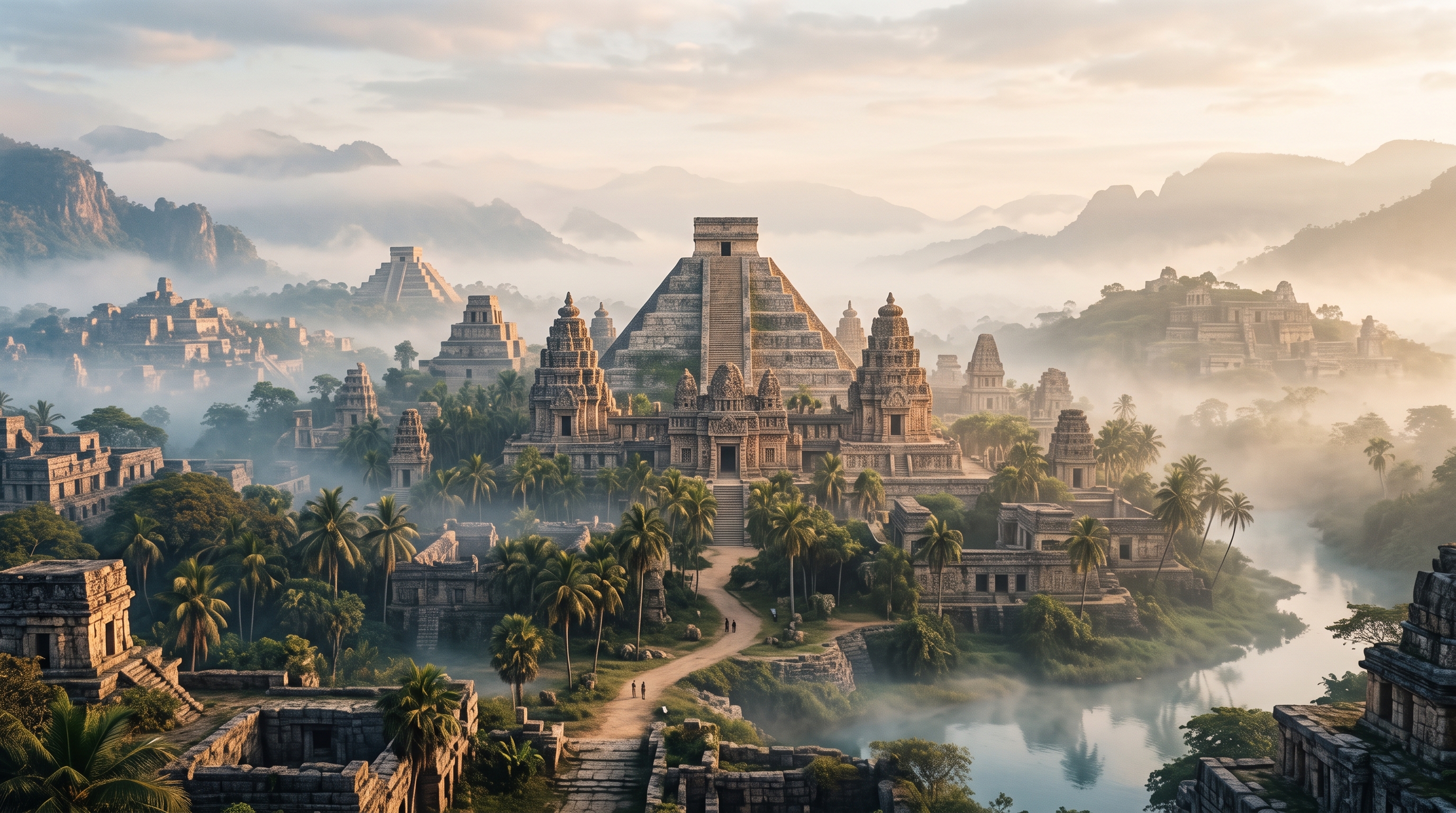 Photorealistic photo of ancient city with temples and pyramids, centered subject with a simple uncluttered composition, misty morning haze, dreamy, 16:9 aspect ratio