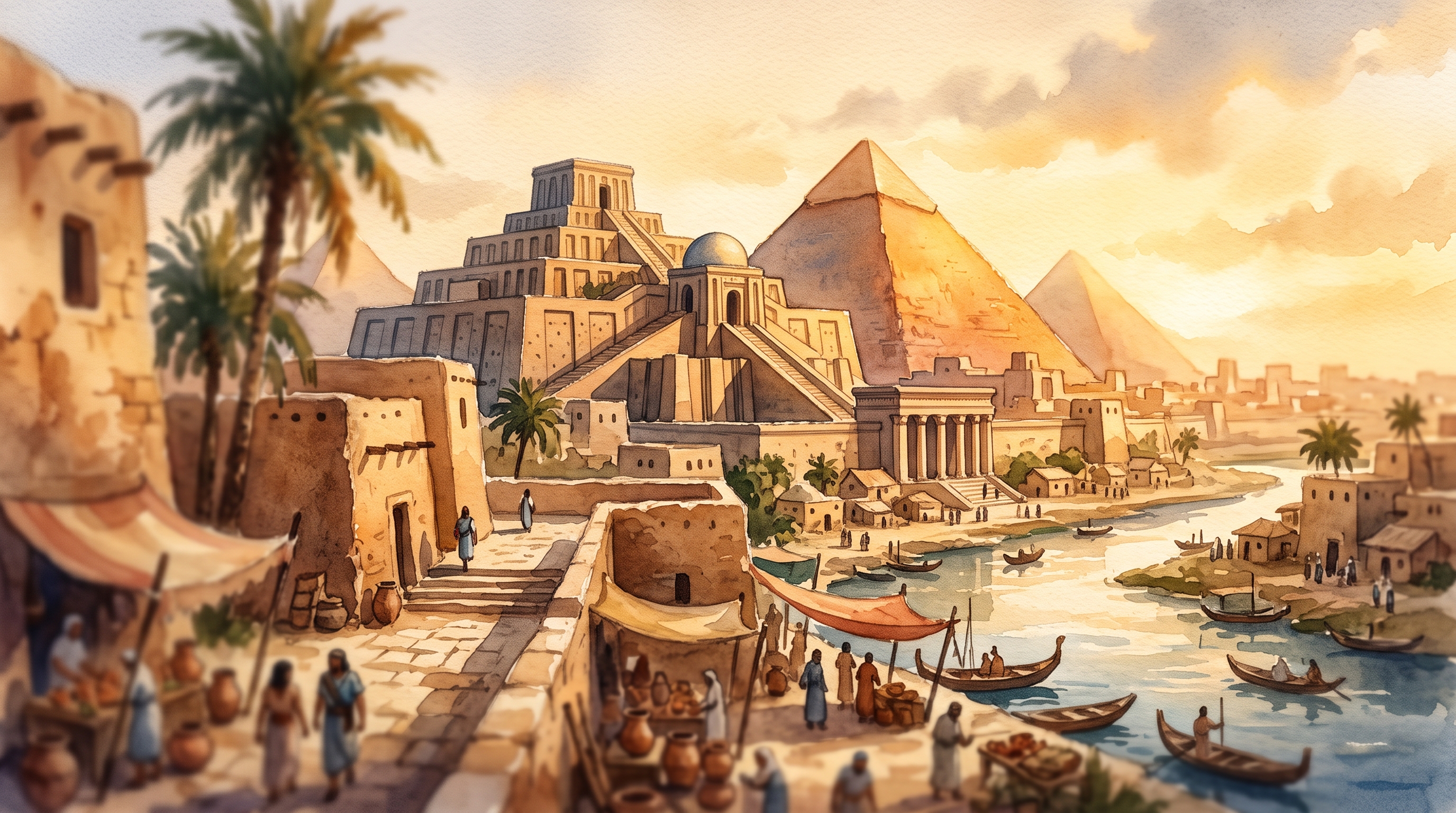 Watercolor illustration of ancient city with temples and pyramids, close-up detail with shallow depth of field, warm golden light, calm mood, 16:9 aspect ratio