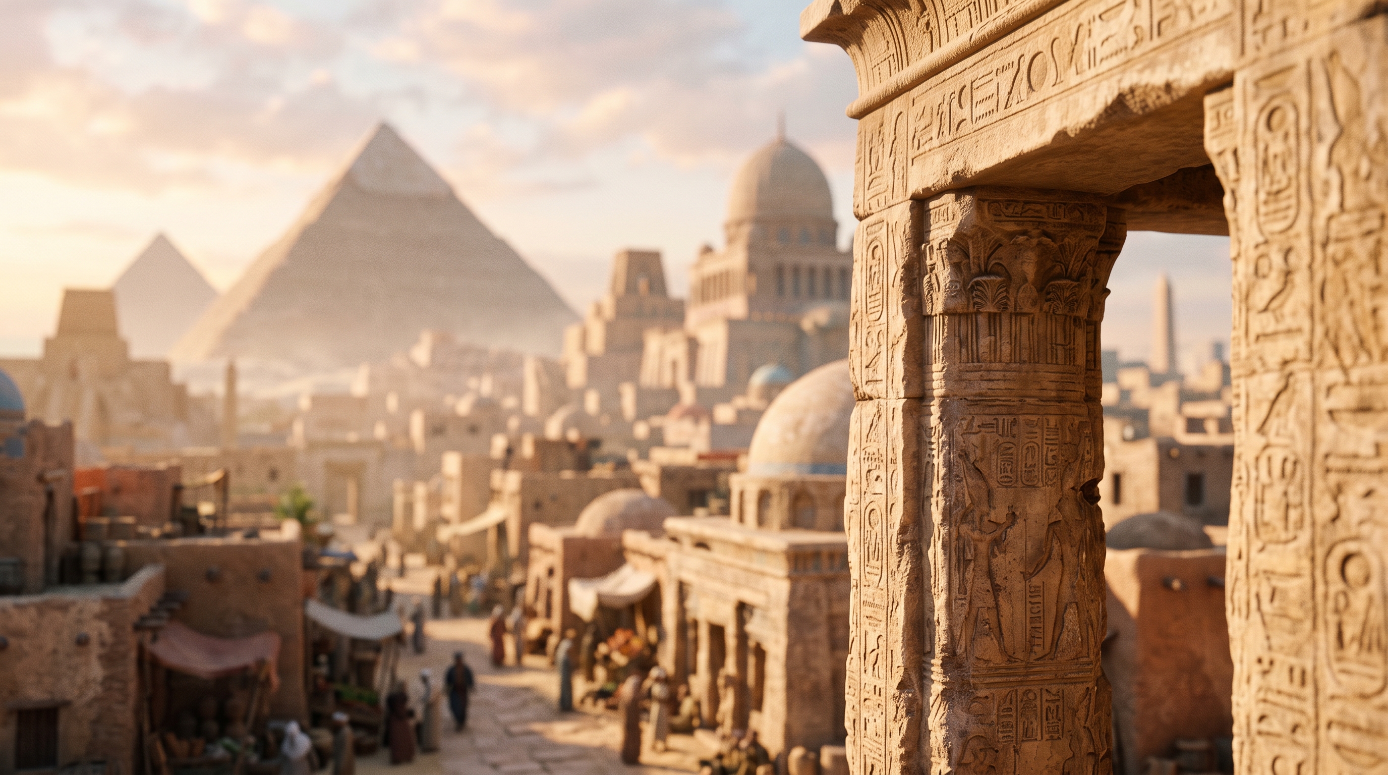 Cinematic film still of ancient city with temples and pyramids, close-up detail with shallow depth of field, soft pastel colors, bright and cozy, 16:9 aspect ratio
