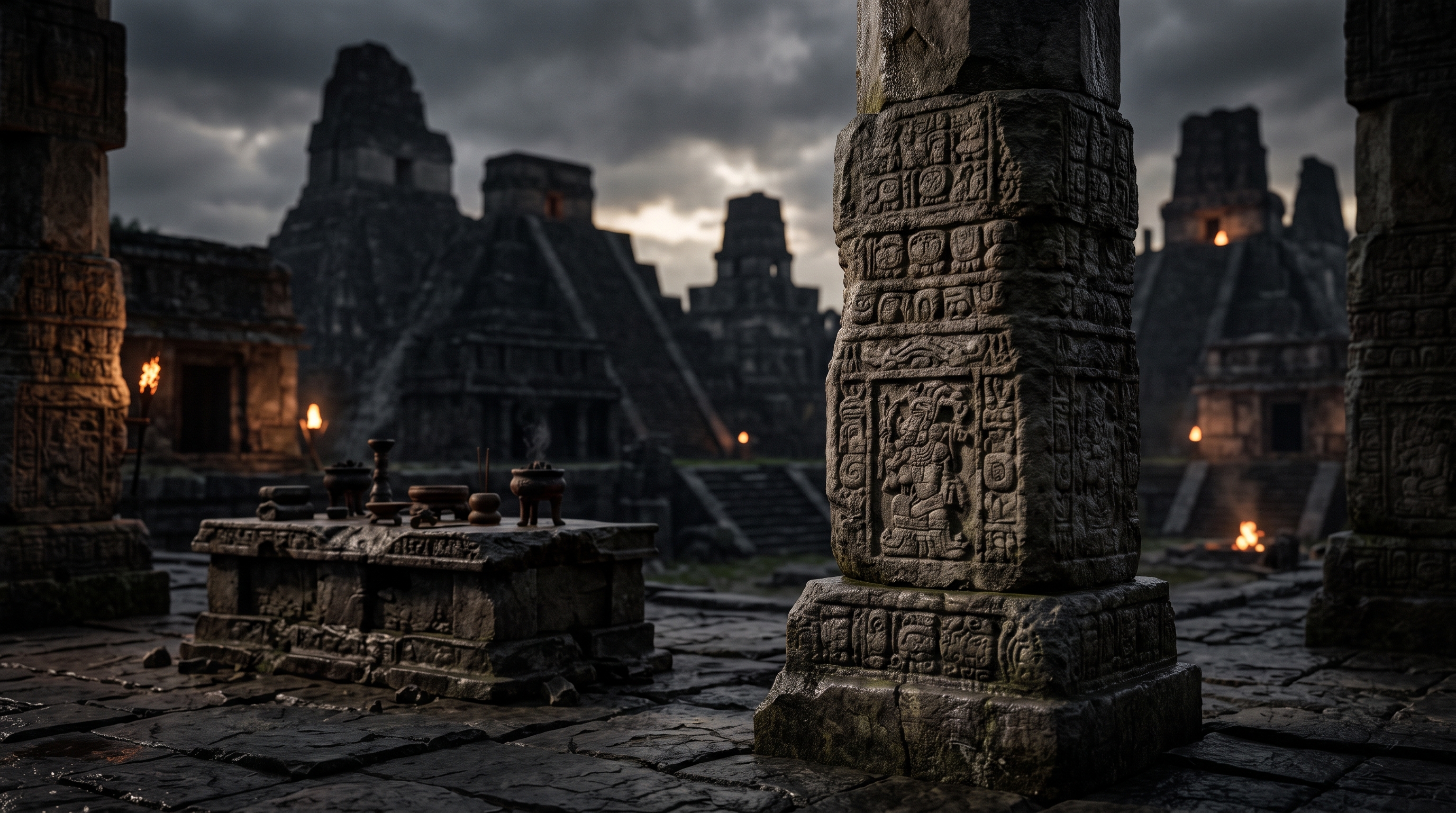 Photorealistic photo of ancient city with temples and pyramids, close-up detail with shallow depth of field, moody dark tones, dramatic lighting, 16:9 aspect ratio