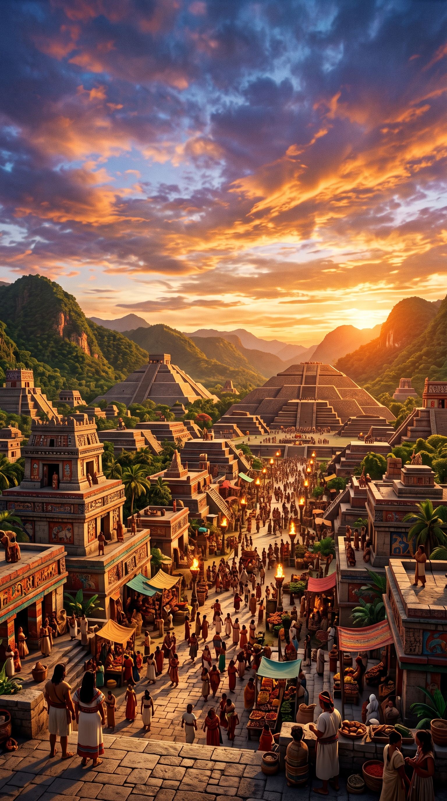 Cinematic film still of ancient city with temples and pyramids, wide shot with open space at the top for text, vivid colors, high contrast, energetic, 9:16 aspect ratio